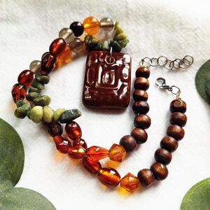 Long Wood Beaded Pendant Necklace, Natural Woodland Crystal Necklace, Hippie